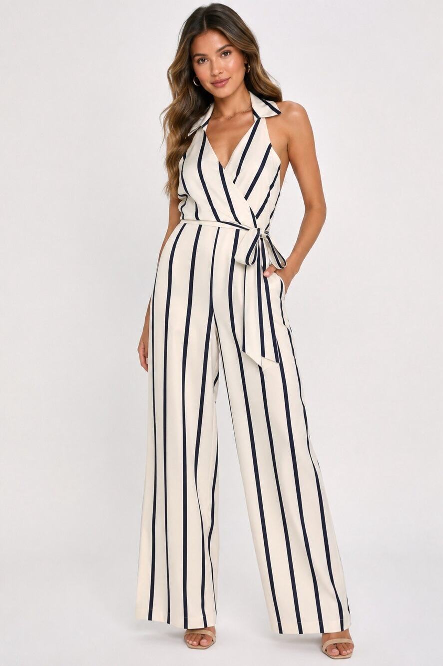 Lulus Size M Ivory Navy Stripe Halter Wrap Wide Leg Jumpsuit NWT